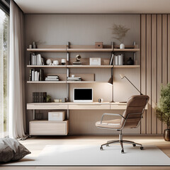 Modern home office interior design, home office interior mockup, 3d render illustration mockup
