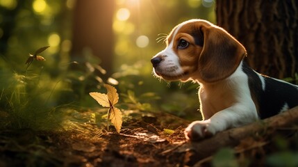Beagle puppy curiously sniffing in the grass - obrazy, fototapety, plakaty