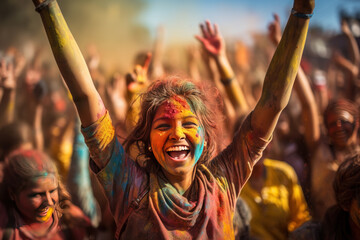 Annual Hindu spring festival Holi , Love and Spring, people rejoice at the holiday - obrazy, fototapety, plakaty