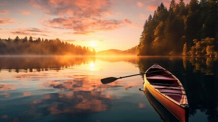 : A tranquil lake with a birthday kayak illuminated by the soft hues of a sunrise. - obrazy, fototapety, plakaty