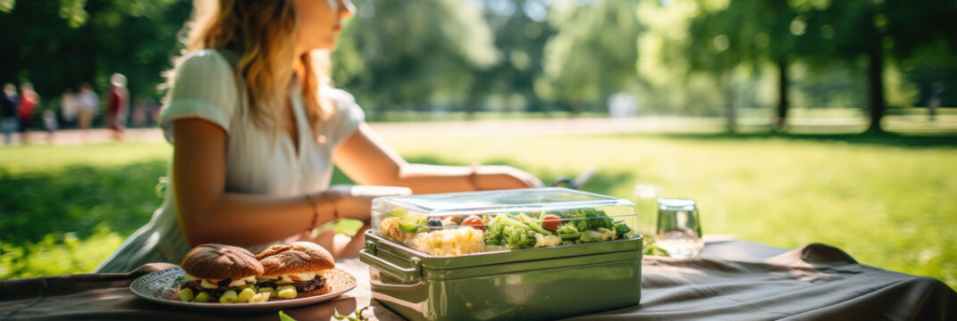 Woman relaxing in the park and eating pre-prepared healthy food from a lunchbox, picnic and outdoor recreation, banner