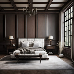 Tudor bedroom interior design, bedroom interior mockup, 3d render illustration mockup