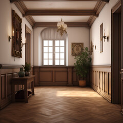 Tudor hallway interior design, hallway interior mockup, 3d render illustration mockup