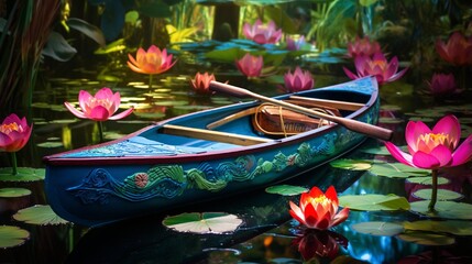 Obraz premium A birthday kayak drifting through a maze of vibrant water lilies on a picturesque pond.