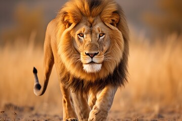 A majestic lion walking across a golden grass field