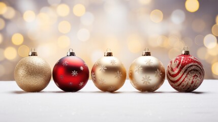 Christmas decoration gold and red balls on white bokeh horizontal background. New Year holiday concept card with copy space for text 