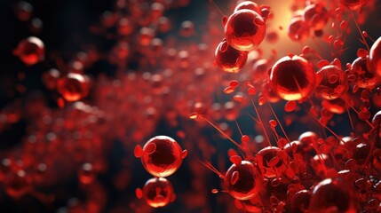 3d render of red blood cells on black background, medical concept. Red blood cells circulating in blood vessels and veins, human blood cells close up