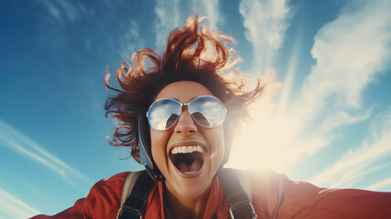 Emotional portrait of a surprised and joyful young woman flying in the sky after a parachute jump. Extreme sport for adults. 