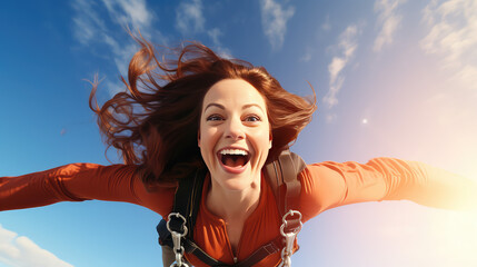 Emotional portrait of a surprised and joyful young woman flying in the sky after a parachute jump. Extreme sport for adults.  - obrazy, fototapety, plakaty