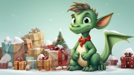Cute green fantasy dragon sitting in the snow surrounded by christmas tree and presents. Chinese New Year  concept 2024, greeting card with copy space for text.