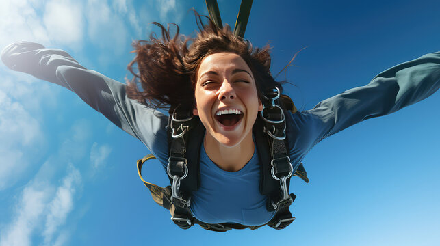 Emotional portrait of a surprised and joyful young woman flying in the sky after a parachute jump. Extreme sport for adults. 