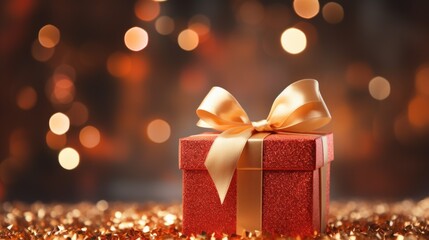 Shiny red box with gold bow and ribbon gift on wooden table with tinsel on festive bokeh background with copy space, birthday surprise new year valentine's concept
