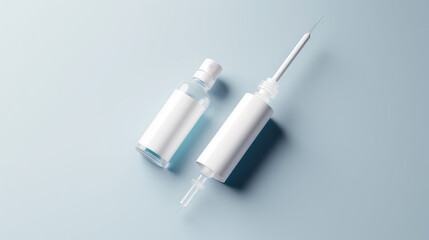 Medical modern ampoule with vaccine for injection on flat grey background with copy space, package mockup. 