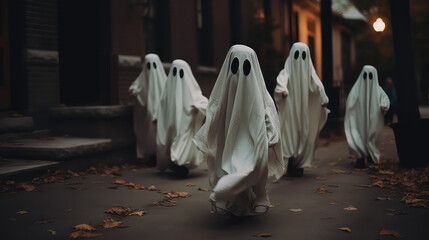 Little children in ghost costumes walk down an evening city street. Scary Kids in white sheets for Halloween holiday, spooky.