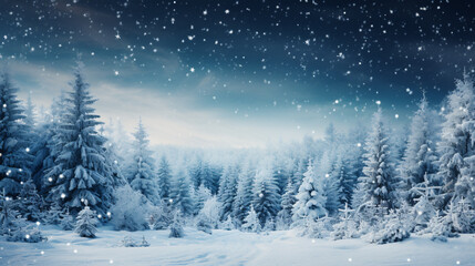 Fototapeta na wymiar A wintry Christmas backdrop featuring snowy fir branches and pinecones against a forest setting..