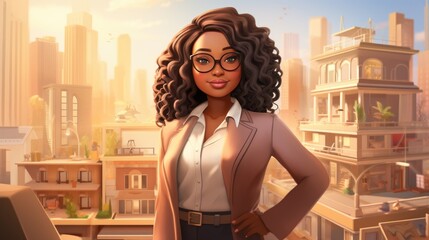 African American woman with dark skin model brunette in suit stands on balcony, realtor in real estate agency business buildings manager successful businessman, commercial illustration banner