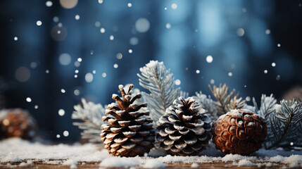 Fototapeta na wymiar Magical winter forest with this Christmas-themed background, showcasing snow, fir branches, and pinecones.