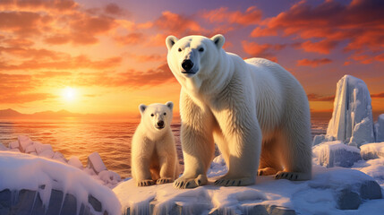 polar bear family in the snow in the north - obrazy, fototapety, plakaty
