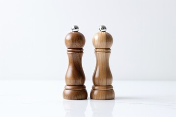 White table with wooden salt and pepper shakers on a white background