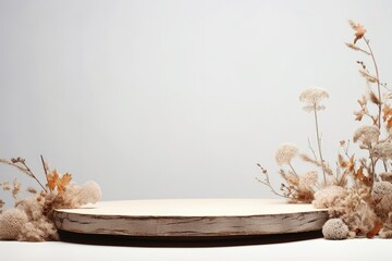 White wooden podium with dry flower branch Suitable for design and product presentation - obrazy, fototapety, plakaty