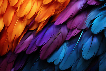 Beautiful colorful background of toucan feathers, backdrop of exotic tropical bird feathers