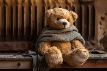 Obraz premium Winter themed photo of a generic teddy bear named Bob alongside mittens drying on an old cast iron radiator suitable for evoking childhood nostalgia