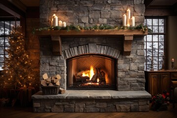 Winter stone fireplace with roaring flames natural and rustic