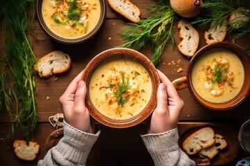 Woman enjoying chowder soup and prawns in a cozy sweater with bread and spoon