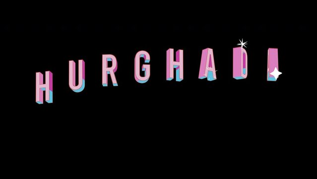 Bright letters jump merrily in the inscription HURGHADA city. Retro. Alpha channel black. Looped from frame 120 to 240, Alpha BW at the end