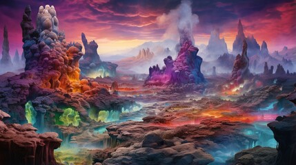 A surreal, alien landscape with colorful, bubbling hot springs and geysers against a clear, alien sky.