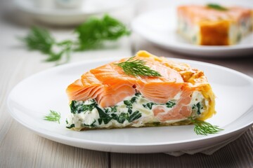 Wooden background with salmon spinach and cheese pie - obrazy, fototapety, plakaty