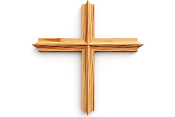 Wooden Christian cross on white background made of natural wood material Clipping path included