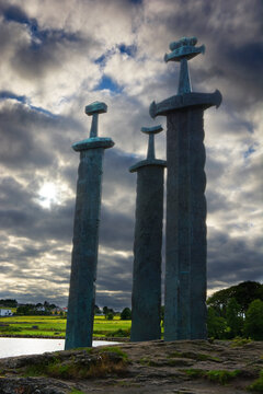 Sverd i fjell - three bronze swords planted into the rock, commemorating  battle of Hafrsfjord and unification of Norway, Stavanger