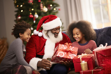 Fototapeta na wymiar Santa Claus giving Christmas gift to children