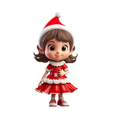 3D cute character a little girl in santa claus costume on isolated transparent background png. Generated with AI	