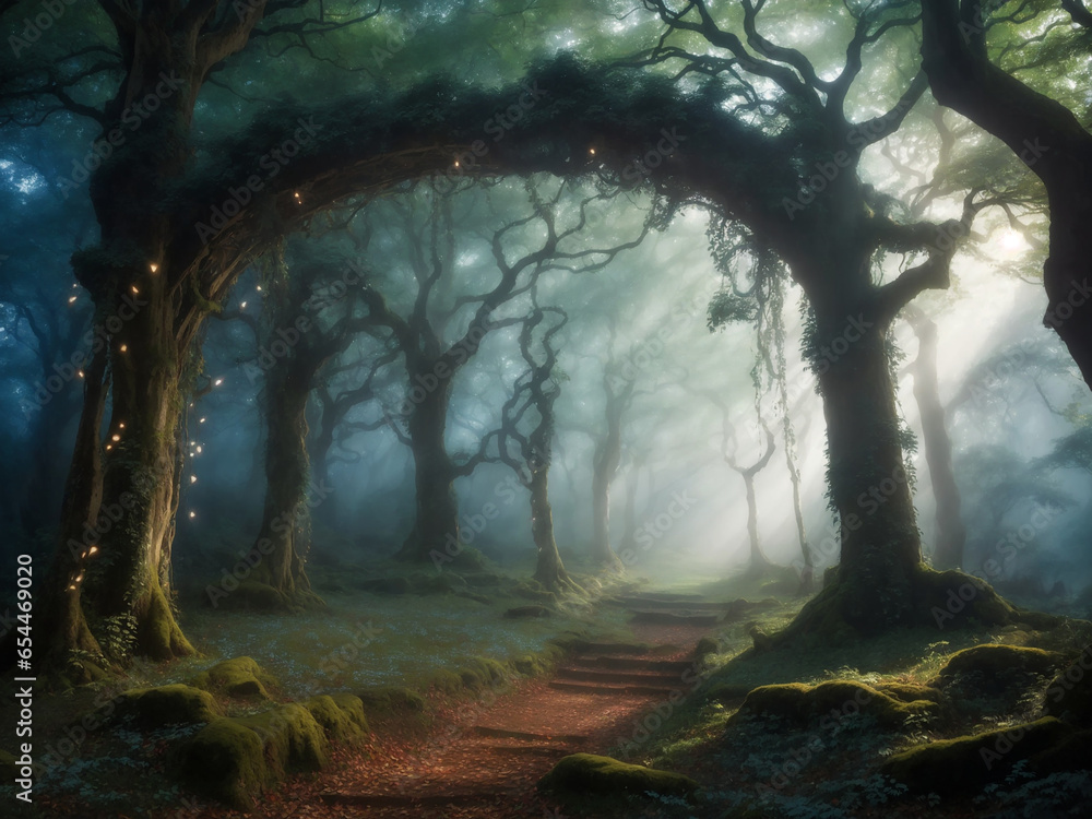 Poster a mystical forest veiled in an ethereal location - ai generawtive