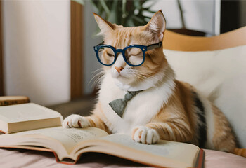 cat with glasses reading a book