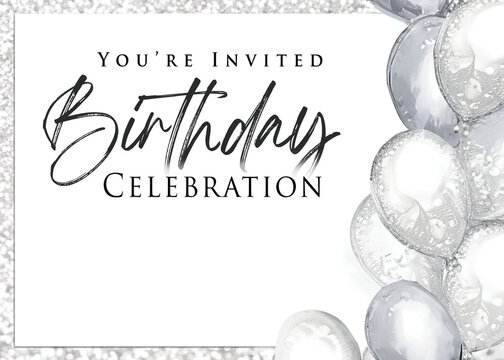 Silver White Birthday Party Invitation Template with Balloons and Ribbon