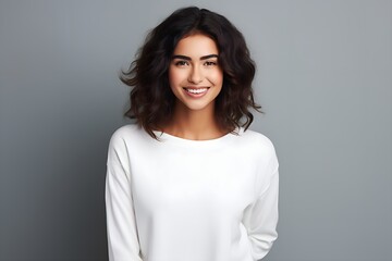 Studio Portrait of a Young, Happy Woman Gazing into the Camera – Capturing Beauty, Confidence, and Joy, White
