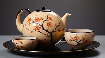 A tea pot and two cups on a plate. AI.