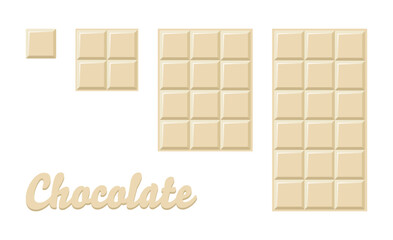 Set of milk white chocolate bar. Yummy  milky choco part . Cacao sweet food design. Flat vector illustration isolated on white background.