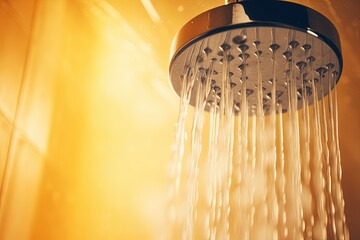 Yellow bathroom with flowing water drops from shower head in close up