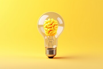 Yellow background with lamp bulb containing human brain room for text Generating ideas