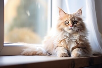 Yellow eyed fluffy cat resting on windowsill gazes at the camera