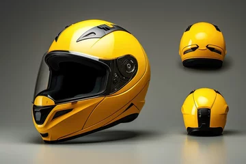 Schilderijen op glas Yellow motorcycle helmet on white background multiple views © The Big L