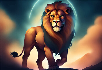 strong and fearless lion looking forward