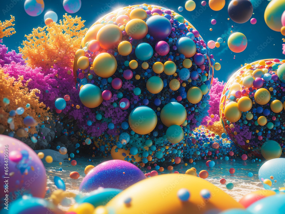 Aufkleber multicolored blobs near a fantastical beach - ai generative