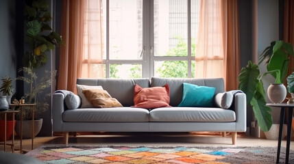 Interior with gray sofa and bright pillows