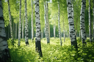 Foto op Canvas Beautiful nature landscape with birch trees grove in the morning fog. © paul