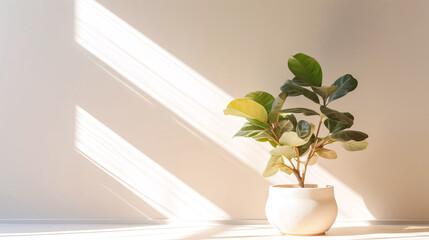 Houseplant ficus lyrata in a flower pot in a lighted room.